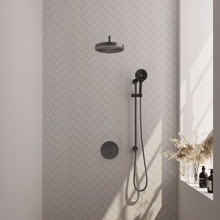 Brauer Stripe thermostatische inbouw regendouche 3-weg rond SET 47 met 25 cm douchekop en gebogen muurarm en 3-standen handdouche en doucheslang en geintegreerde glijstang gunmetal geborsteld PVD