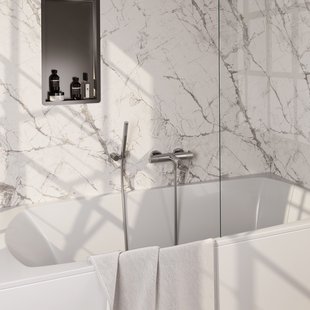 Brauer Stripe opbouw baddouche thermostaatkraan SET 03 met wandhouder en staaf handdouche en doucheslang RVS-kleurig geborsteld PVD