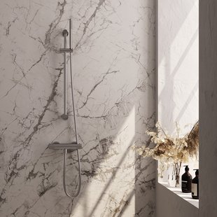 Brauer Stripe opbouw douche thermostaatkraan SET 01 met glijstang en staaf handdouche en doucheslang RVS-kleurig geborsteld PVD