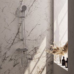 Brauer Stripe opbouw douche thermostaatkraan SET 02 met glijstang en 3-standen handdouche en doucheslang RVS-kleurig geborsteld PVD