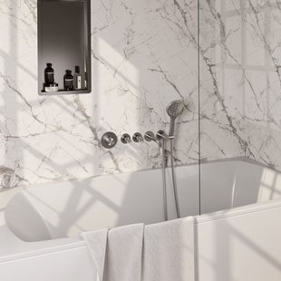 Brauer Stripe thermostatische inbouw badkraan SET 02 met uitloop en 3-standen handdouche en doucheslang en wandaansluitbocht RVS-kleurig geborsteld PVD