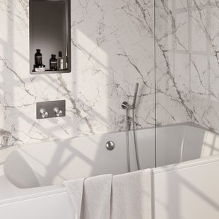 Brauer Stripe thermostatische inbouw badkraan met drukknoppen SET 03 met badvulcombinatie en staaf handdouche en doucheslang en wandaansluitbocht RVS-kleurig geborsteld PVD