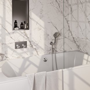 Brauer Stripe thermostatische inbouw badkraan met drukknoppen SET 04 met badvulcombinatie en 3-standen handdouche en doucheslang en wandaansluitbocht RVS-kleurig geborsteld PVD