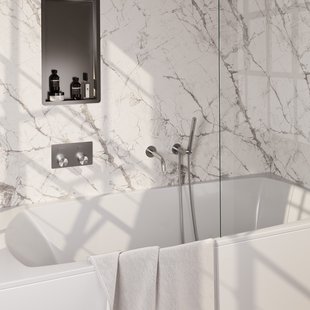 Brauer Stripe thermostatische inbouw badkraan met drukknoppen SET 03 met uitloop en staaf handdouche en doucheslang en wandaansluitbocht RVS-kleurig geborsteld PVD