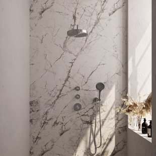 Brauer Stripe thermostatische inbouw regendouche SET 05 met 25 cm douchekop en gebogen muurarm en 3-standen handdouche en doucheslang en wandaansluitbocht RVS-kleurig geborsteld PVD