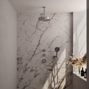 Brauer Stripe thermostatische inbouw regendouche SET 06 met 25 cm douchekop en plafondarm en 3-standen handdouche en doucheslang en wandaansluitbocht RVS-kleurig geborsteld PVD