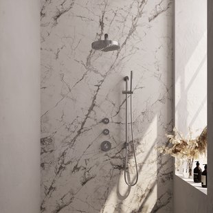 Brauer Stripe thermostatische inbouw regendouche SET 07 met 25 cm douchekop en rechte muurarm en staaf handdouche en doucheslang en geintegreerde glijstang RVS-kleurig geborsteld PVD