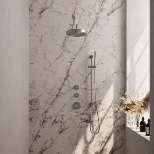 Brauer Stripe thermostatische inbouw regendouche SET 08 met 25 cm douchekop en gebogen muurarm en staaf handdouche en doucheslang en geintegreerde glijstang RVS-kleurig geborsteld PVD