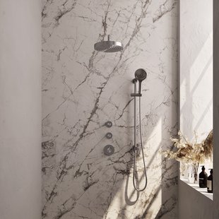 Brauer Stripe thermostatische inbouw regendouche SET 11 met 25 cm douchekop en gebogen muurarm en 3-standen handdouche en doucheslang en geintegreerde glijstang RVS-kleurig geborsteld PVD