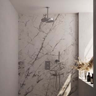 Brauer Stripe thermostatische inbouw regendouche 3-weg rechthoekig SET 15 met 25 cm douchekop en plafondarm en staaf handdouche en doucheslang en wandaansluitbocht RVS-kleurig geborsteld PVD