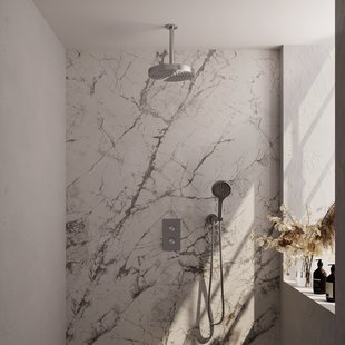 Brauer Stripe thermostatische inbouw regendouche 3-weg rechthoekig SET 18 met 25 cm douchekop en plafondarm en 3-standen handdouche en doucheslang en wandaansluitbocht RVS-kleurig geborsteld PVD