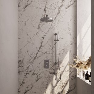 Brauer Stripe thermostatische inbouw regendouche 3-weg rechthoekig SET 19 met 25 cm douchekop en rechte muurarm en staaf handdouche en doucheslang en geintegreerde glijstang RVS-kleurig geborsteld PVD