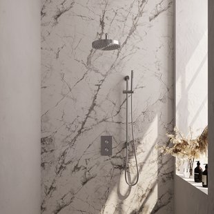 Brauer Stripe thermostatische inbouw regendouche 3-weg rechthoekig SET 20 met 25 cm douchekop en gebogen muurarm en staaf handdouche en doucheslang en geintegreerde glijstang RVS-kleurig geborsteld PVD