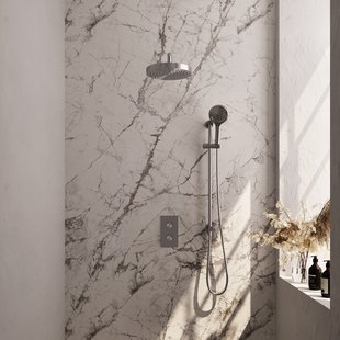 Brauer Stripe thermostatische inbouw regendouche 3-weg rechthoekig SET 23 met 25 cm douchekop en gebogen muurarm en 3-standen handdouche en doucheslang en geintegreerde glijstang RVS-kleurig geborsteld PVD