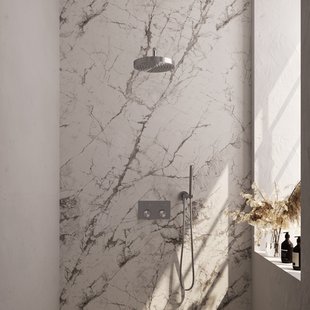 Brauer Stripe thermostatische inbouw regendouche met drukknoppen SET 26 met 25 cm douchekop en gebogen muurarm en staaf handdouche en doucheslang en wandaansluitbocht RVS-kleurig geborsteld PVD