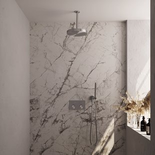 Brauer Stripe thermostatische inbouw regendouche met drukknoppen SET 27 met 25 cm douchekop en plafondarm en staaf handdouche en doucheslang en wandaansluitbocht RVS-kleurig geborsteld PVD