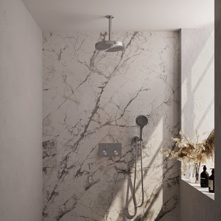 Brauer Stripe thermostatische inbouw regendouche met drukknoppen SET 30 met 25 cm douchekop en plafondarm en 3-standen handdouche en doucheslang en wandaansluitbocht RVS-kleurig geborsteld PVD