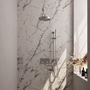 Brauer Stripe thermostatische inbouw regendouche met drukknoppen SET 32 met 25 cm douchekop en gebogen muurarm en staaf handdouche en doucheslang en geintegreerde glijstang RVS-kleurig geborsteld PVD