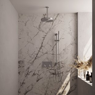 Brauer Stripe thermostatische inbouw regendouche met drukknoppen SET 33 met 25 cm douchekop en plafondarm en staaf handdouche en doucheslang en geintegreerde glijstang RVS-kleurig geborsteld PVD