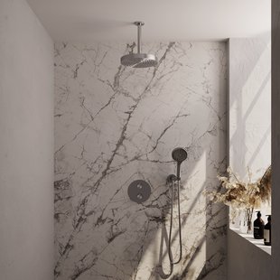 Brauer Stripe thermostatische inbouw regendouche 3-weg rond SET 42 met 25 cm douchekop en plafondarm en 3-standen handdouche en doucheslang en wandaansluitbocht RVS-kleurig geborsteld PVD