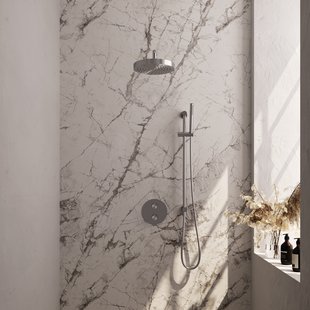 Brauer Stripe thermostatische inbouw regendouche 3-weg rond SET 44 met 25 cm douchekop en gebogen muurarm en staaf handdouche en doucheslang en geintegreerde glijstang RVS-kleurig geborsteld PVD