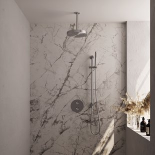 Brauer Stripe thermostatische inbouw regendouche 3-weg rond SET 45 met 25 cm douchekop en plafondarm en staaf handdouche en doucheslang en geintegreerde glijstang RVS-kleurig geborsteld PVD