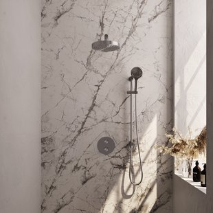 Brauer Stripe thermostatische inbouw regendouche 3-weg rond SET 46 met 25 cm douchekop en rechte muurarm en 3-standen handdouche en doucheslang en geintegreerde glijstang RVS-kleurig geborsteld PVD