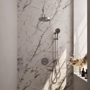 Brauer Stripe thermostatische inbouw regendouche 3-weg rond SET 47 met 25 cm douchekop en gebogen muurarm en 3-standen handdouche en doucheslang en geintegreerde glijstang RVS-kleurig geborsteld PVD