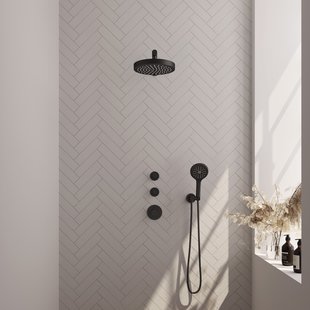Brauer Stripe thermostatische inbouw regendouche SET 04 met 25 cm douchekop en rechte muurarm en 3-standen handdouche en doucheslang en wandaansluitbocht mat zwart