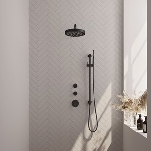 Brauer Stripe thermostatische inbouw regendouche SET 07 met 25 cm douchekop en rechte muurarm en staaf handdouche en doucheslang en geintegreerde glijstang mat zwart