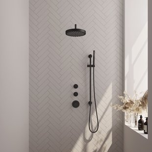 Brauer Stripe thermostatische inbouw regendouche SET 08 met 25 cm douchekop en gebogen muurarm en staaf handdouche en doucheslang en geintegreerde glijstang mat zwart