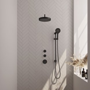 Brauer Stripe thermostatische inbouw regendouche SET 11 met 25 cm douchekop en gebogen muurarm en 3-standen handdouche en doucheslang en geintegreerde glijstang mat zwart