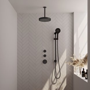 Brauer Stripe thermostatische inbouw regendouche SET 12 met 25 cm douchekop en plafondarm en 3-standen handdouche en doucheslang en geintegreerde glijstang mat zwart