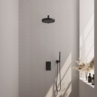 Brauer Stripe thermostatische inbouw regendouche 3-weg rechthoekig SET 13 met 25 cm douchekop en rechte muurarm en staaf handdouche en doucheslang en wandaansluitbocht mat zwart