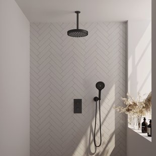 Brauer Stripe thermostatische inbouw regendouche 3-weg rechthoekig SET 18 met 25 cm douchekop en plafondarm en 3-standen handdouche en doucheslang en wandaansluitbocht mat zwart