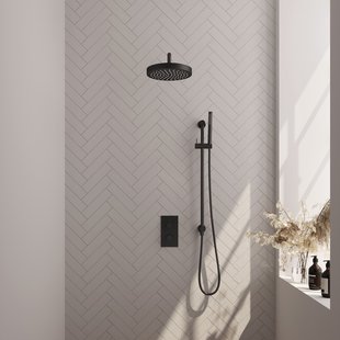 Brauer Stripe thermostatische inbouw regendouche 3-weg rechthoekig SET 20 met 25 cm douchekop en gebogen muurarm en staaf handdouche en doucheslang en geintegreerde glijstang mat zwart