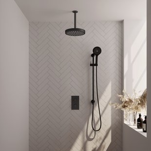 Brauer Stripe thermostatische inbouw regendouche 3-weg rechthoekig SET 24 met 25 cm douchekop en plafondarm en 3-standen handdouche en doucheslang en geintegreerde glijstang mat zwart