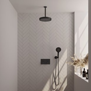 Brauer Stripe thermostatische inbouw regendouche met drukknoppen SET 30 met 25 cm douchekop en plafondarm en 3-standen handdouche en doucheslang en wandaansluitbocht mat zwart