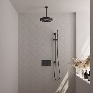 Brauer Stripe thermostatische inbouw regendouche met drukknoppen SET 33 met 25 cm douchekop en plafondarm en staaf handdouche en doucheslang en geintegreerde glijstang mat zwart