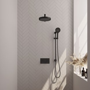 Brauer Stripe thermostatische inbouw regendouche met drukknoppen SET 34 met 25 cm douchekop en rechte muurarm en 3-standen handdouche en doucheslang en geintegreerde glijstang mat zwart