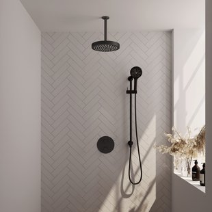 Brauer Stripe thermostatische inbouw regendouche 3-weg rond SET 48 met 25 cm douchekop en plafondarm en 3-standen handdouche en doucheslang en geintegreerde glijstang mat zwart