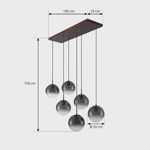 Lucande hanglamp Veloura, 6-lamps, 100 cm, glas, hout