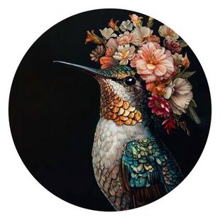 Reinders - Kolibrie met bloemenkroon - Glasschilderij Ø 70 cm - Bont