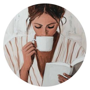 Reinders - Ochtendkoffie met een Boek II - Glasschilderij Ø 70 cm - Beige