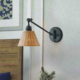 HINKLEY Wandlamp Arti, zwart/naturel, rotan, staal