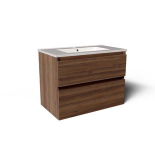 Saniclass Vita Badkamermeubelset - 80x60x46cm -2 lades - greeploos - 1 wasbak - 1 kraangat - overloop - keramiek - noten SW804531/SW1413848