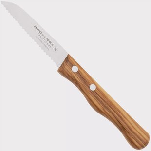 Knivesandtools Traditional Serrated Paring Knife, roestvast staal, olijfhout, gekarteld universeelmes