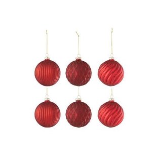 J-Line Kerstballen - glas - geribbeld| geruit - rood - 6x