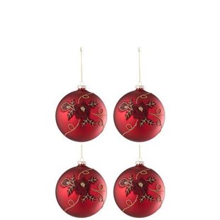 J-Line kerstbal Bloem - glas - rood - small - doos van 4
