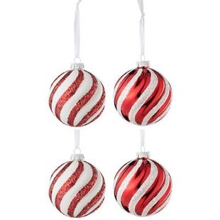 J-Line kerstbal - glas - wit|rood - large - doos van 4